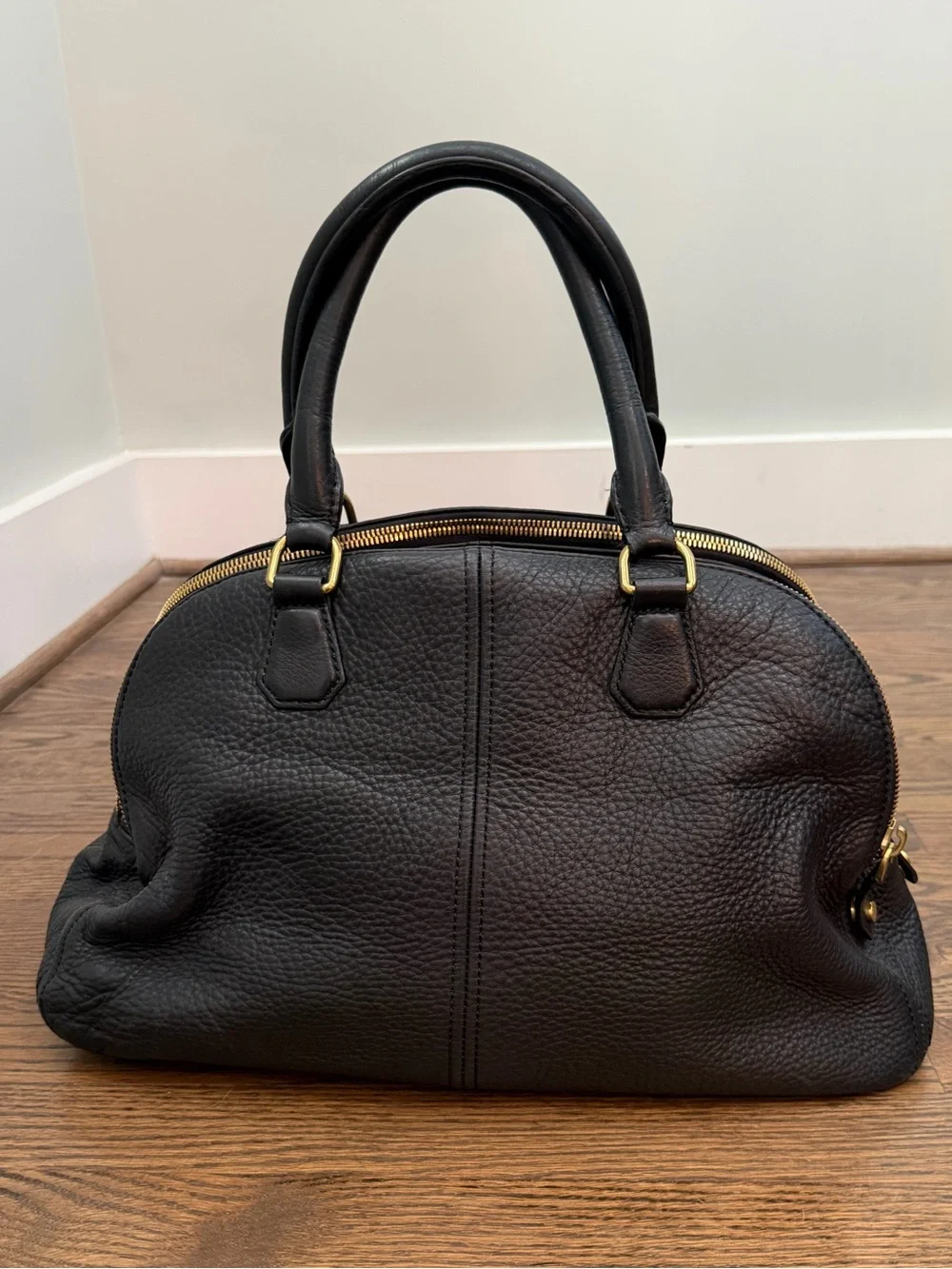 J.Crew Newbury Black Pebbled Leather Triple Zip Satchel Handbag Gold Hardware